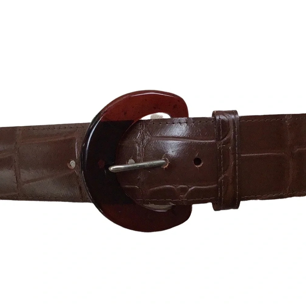 Faux Reptile Alligator Crocodile Brown Belt With Round‎ Amber Buckle Size 14